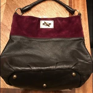 Brown leather Bucket bag with purple suede